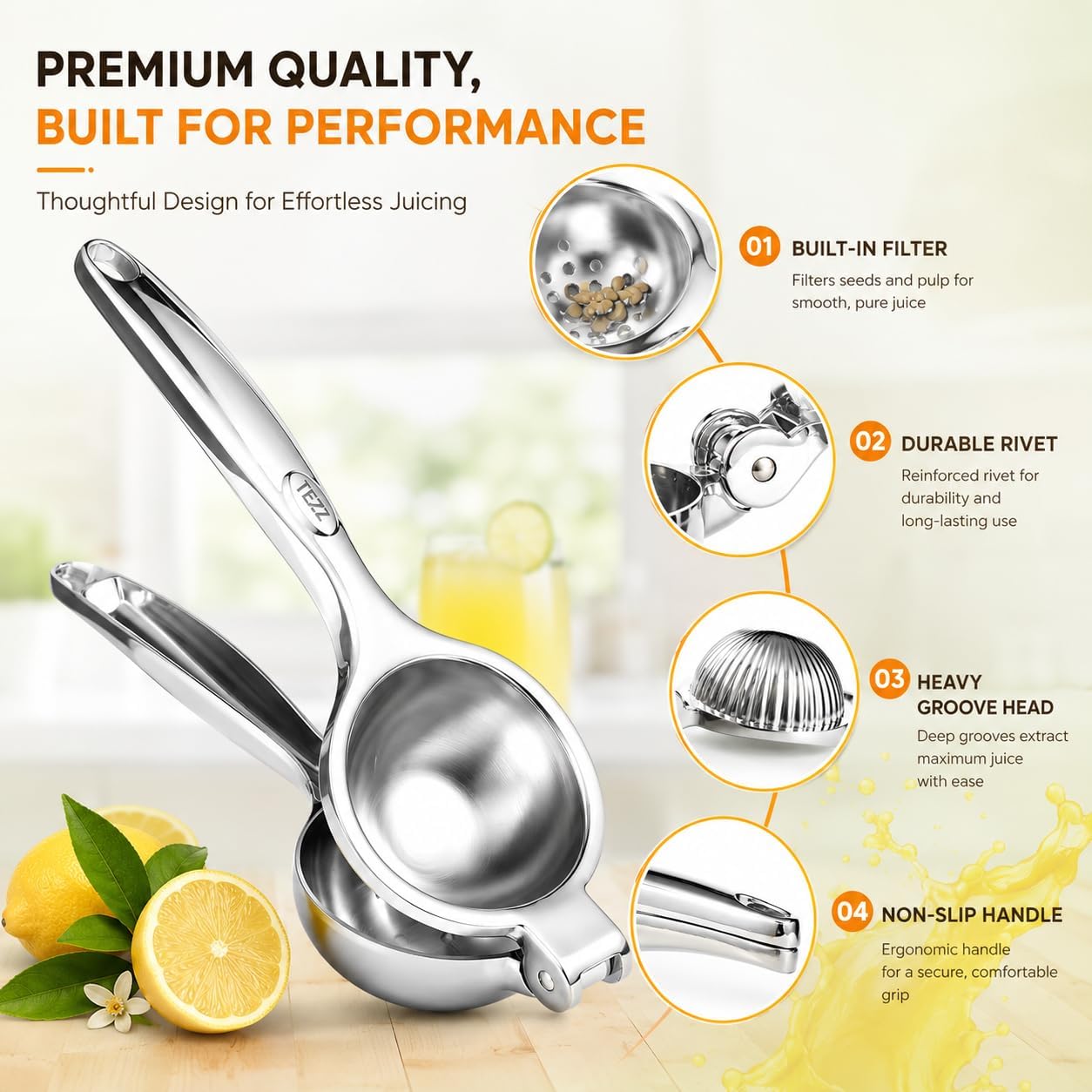 Tezz Premium Lemon Squeezer, Large Heavy Duty Handhelp Juicer For Lemon, Metal Hand Press Citrus Juicer, Lime Squeezer Bar Tool, Manual Citrus Press | Large Bowl Ergonomic Handle Easy Handheld Press For Lemons And Limes