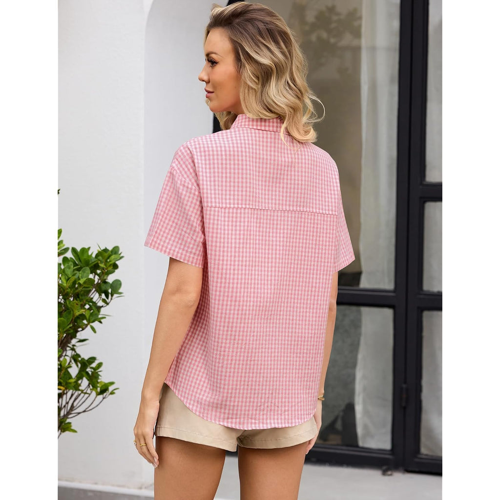 Rapbin Womens Short Sleeve Button Down Shirts Casual V Neck Collared Blouses Work Tops