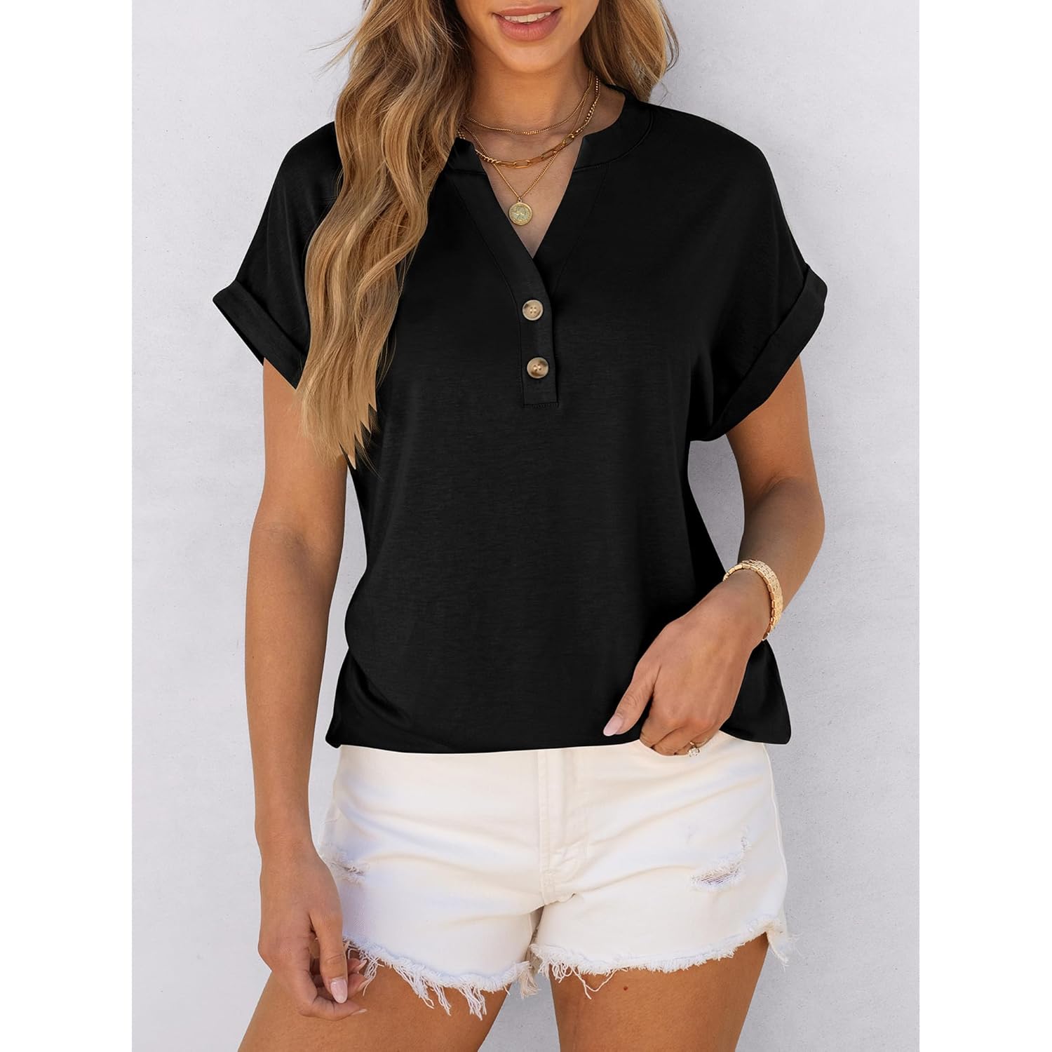 Womens Short Sleeve Henley Tops V Neck Dressy Casual Blouses Summer Trendy Tee Shirts 2026 Vacation Fashion Clothes