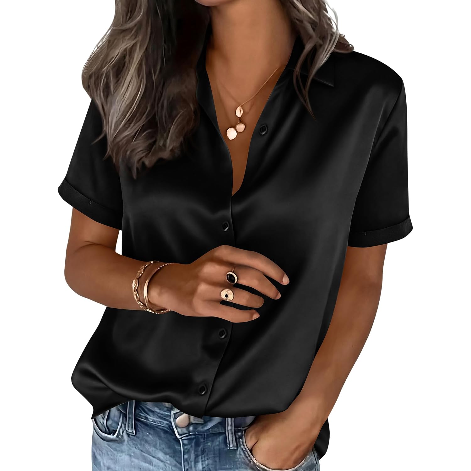 Prettygarden Womens 2026 Summer Button Down Shirts Short Sleeve Work Tops Dressy Satin Blouses Spring Business Casual Outfits