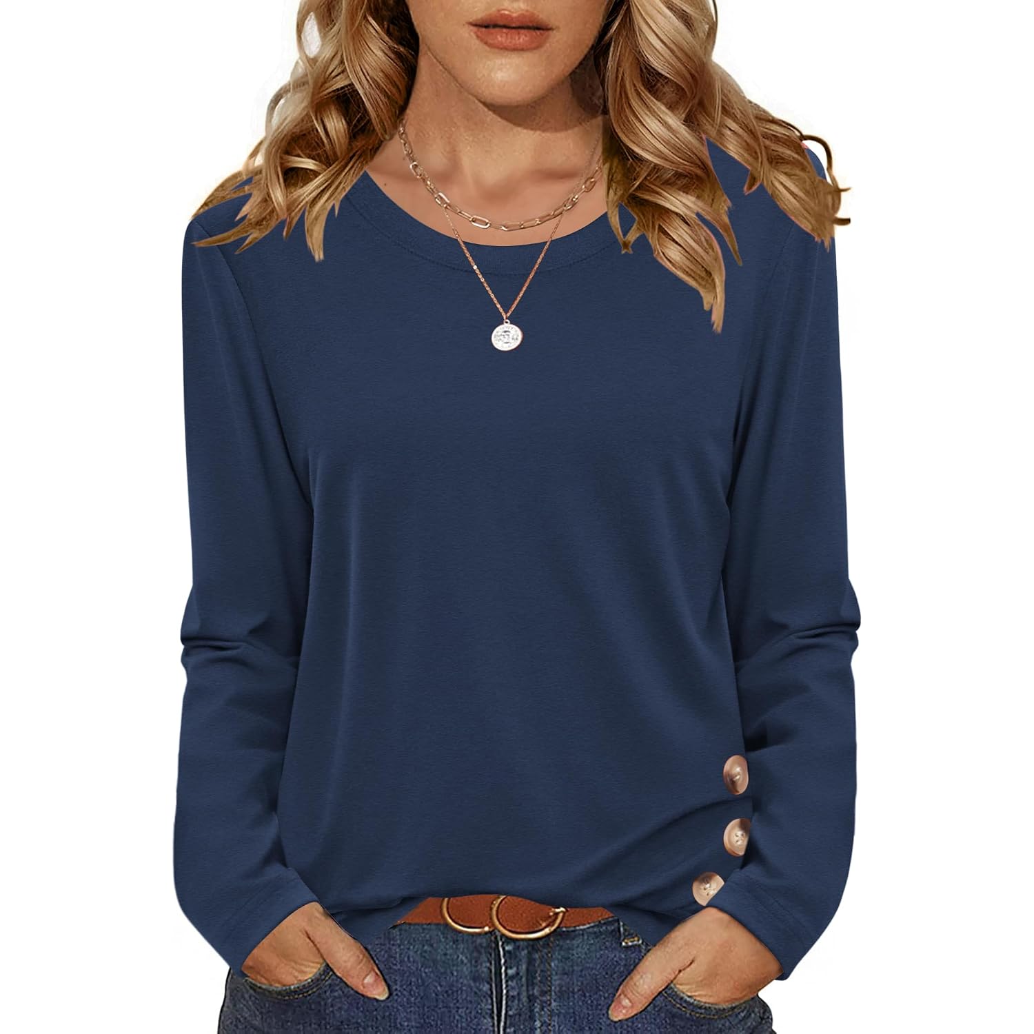 Zeagoo Womens Tops 2025 Long Sleeve Shirts For Fall Round Neck Blouses Floral Tunic Tops With Buttons Decor