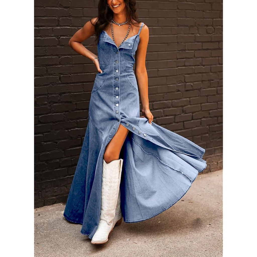 Chouyatou Women'S Spaghetti Strap Smocked Back Denim Dress Button Down A-Line Swing Flowy Maxi Jean Dress