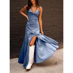 Chouyatou Women'S Spaghetti Strap Smocked Back Denim Dress Button Down A-Line Swing Flowy Maxi Jean Dress