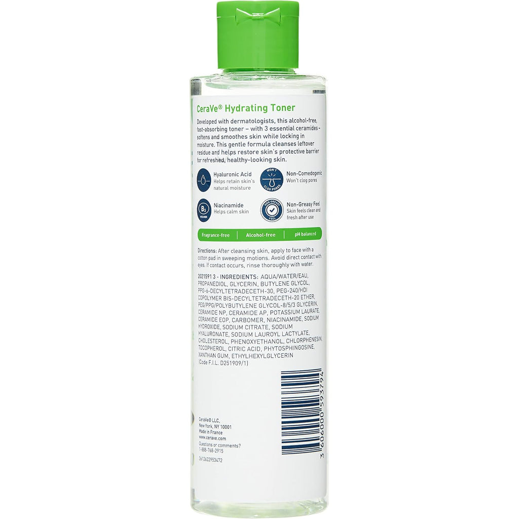 Cerave Hydrating Toner For Face Non-Alcoholic With Hyaluronic Acid, Niacinamide, And Ceramides For Sensitive Dry Skin, Fragrance-Free Non Comedogenic, Full Size, 6.8 Fl Oz