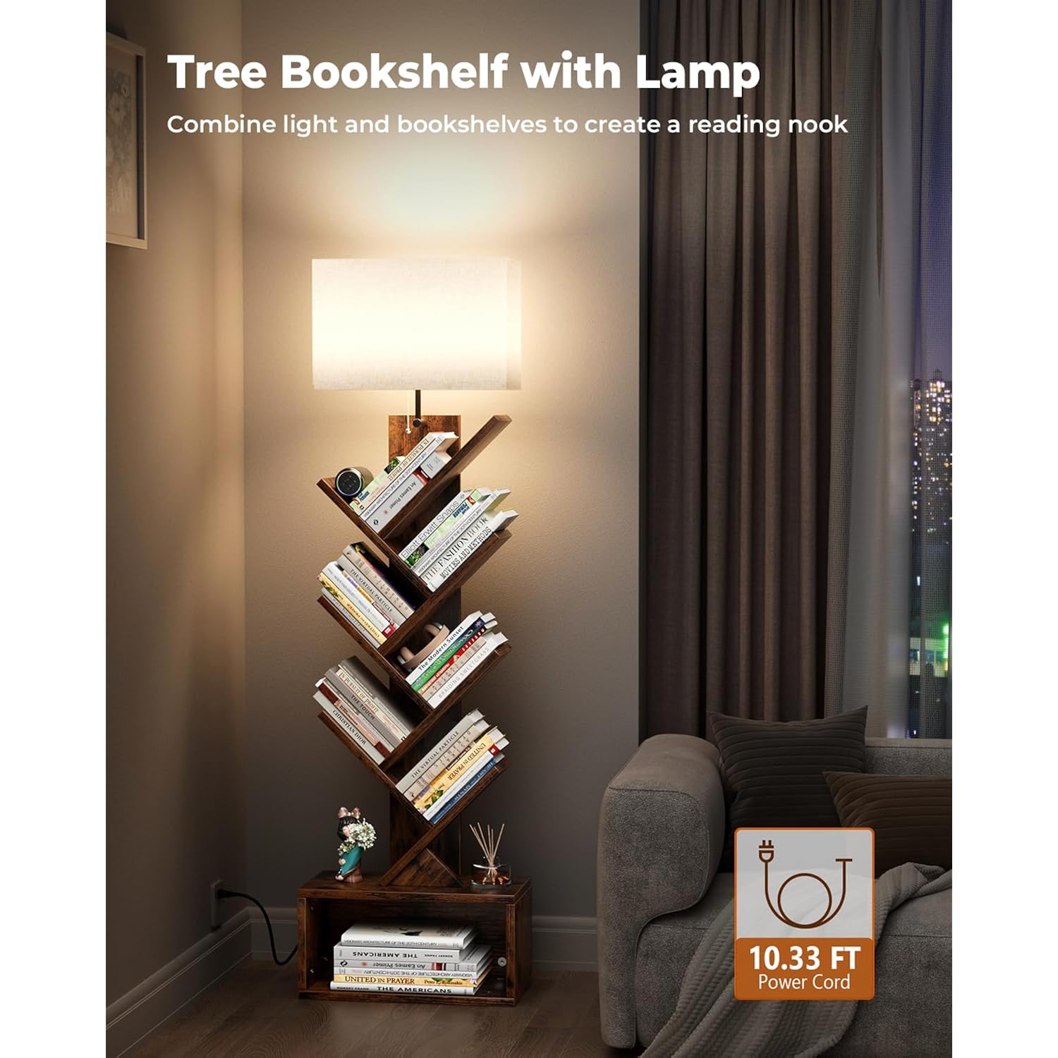 Evermagin 6 Tier Tree Bookshelf With Light, Narrow Bookcase Tower, Tall Floor Standing Book Organizer With Storage Cabinet For Living Room, Bedroom And Home Office, Rustic Brown