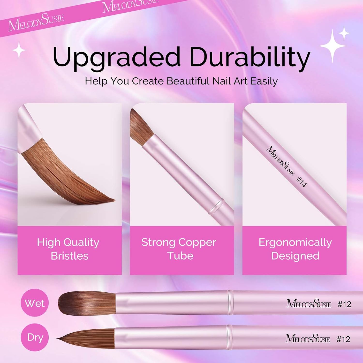 MelodySusie 4Pcs Acrylic Nail Brush Set, Size 8/12/14/16 Professional Nail Brushes for Acrylic Powder Nail Extension and 3D Nail Carving for DIY Home Salon