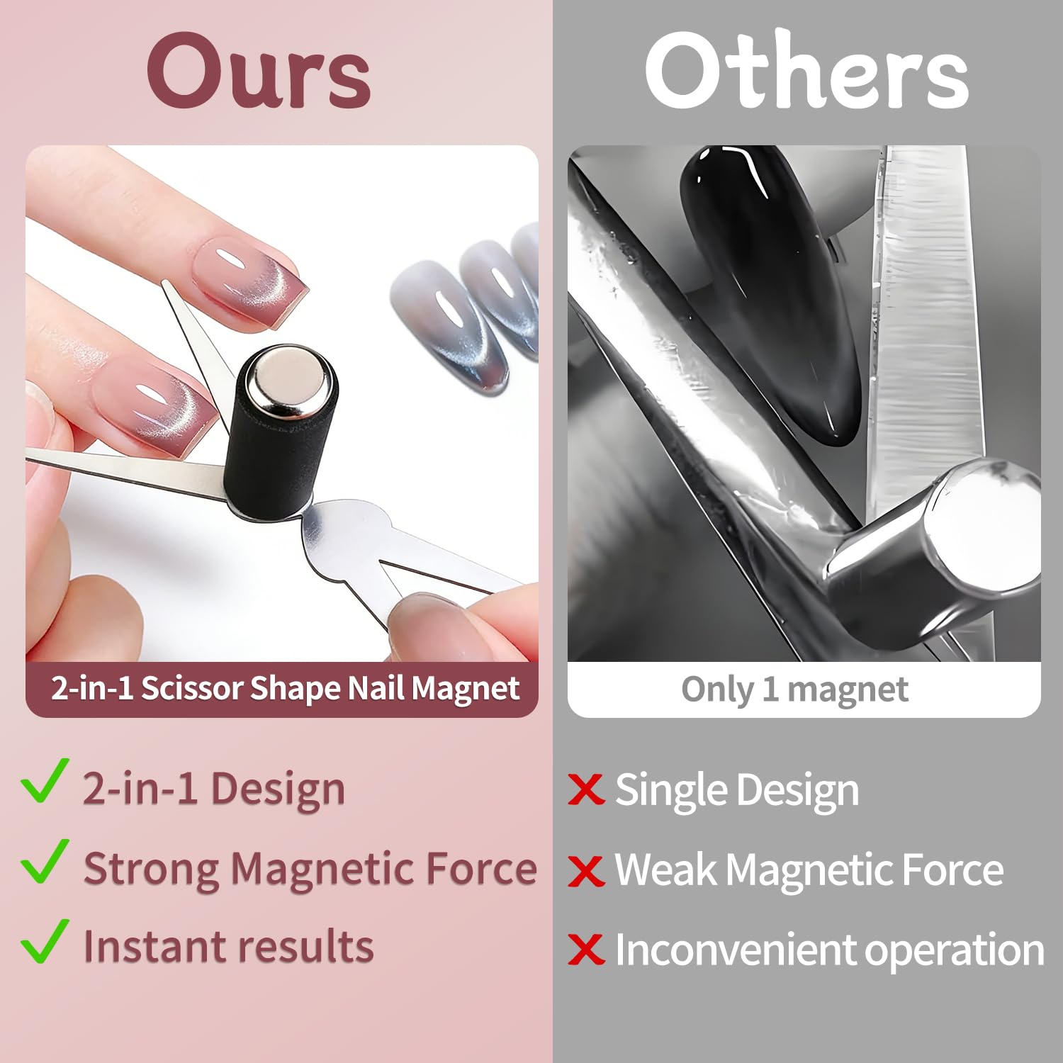 5pcs Cat Eye Magnet Set, 2-in-1 Scissor Shape Nail Magnet Tool create French & V-Shape nail effects, Heart Guide & Cylindrical Magnet for Cat Eye Gel Polish, Nail Art DIY for Home, Salon, Studio
