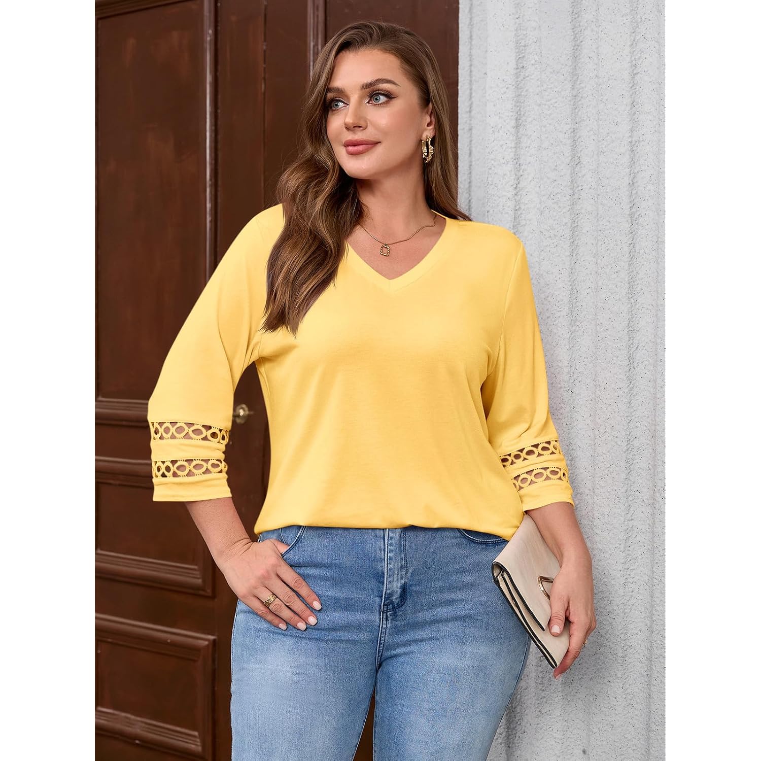 Beautife Womens Plus Size 3/4 Sleeve Tops V Neck Loose Fit Tee Shirts Dressy Casual Eyelet Lace Tunic Blouse