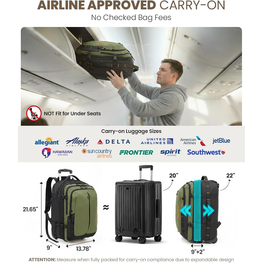 Fanwoli Rolling Vacuum Backpack Travel With One-Button Compression,Carry-On | 55L Expandable | 2-In-1 Design | Built-In Electric Pump | 16 Pockets | Water Resistant | Fits 18” Laptop