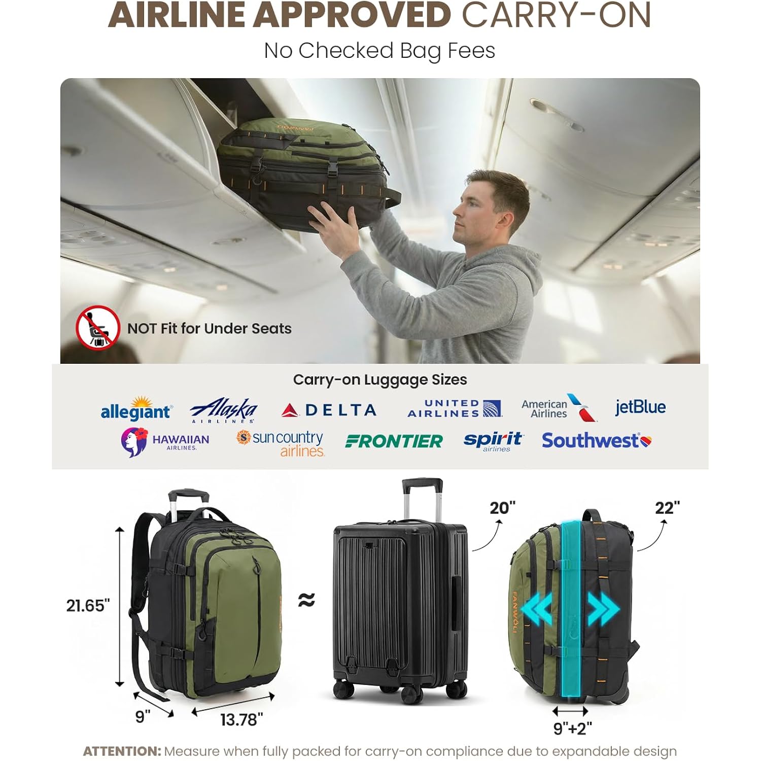 Fanwoli Rolling Vacuum Backpack Travel With One-Button Compression,Carry-On | 55L Expandable | 2-In-1 Design | Built-In Electric Pump | 16 Pockets | Water Resistant | Fits 18” Laptop