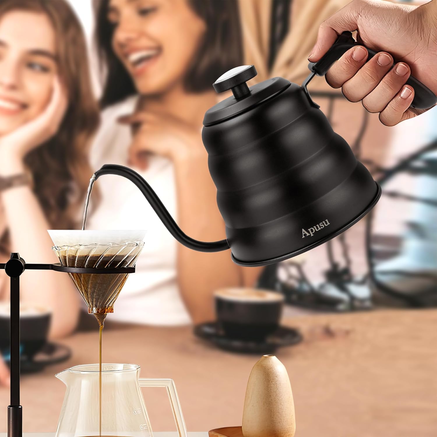 Tea Kettle with Thermometer Pot Black Stovetop Tea Kettle 40oz Gooseneck Kettle Teapot Pour Over Coffee Kettle with Thermometer,1200ml,5 Cup,Black,1Pack