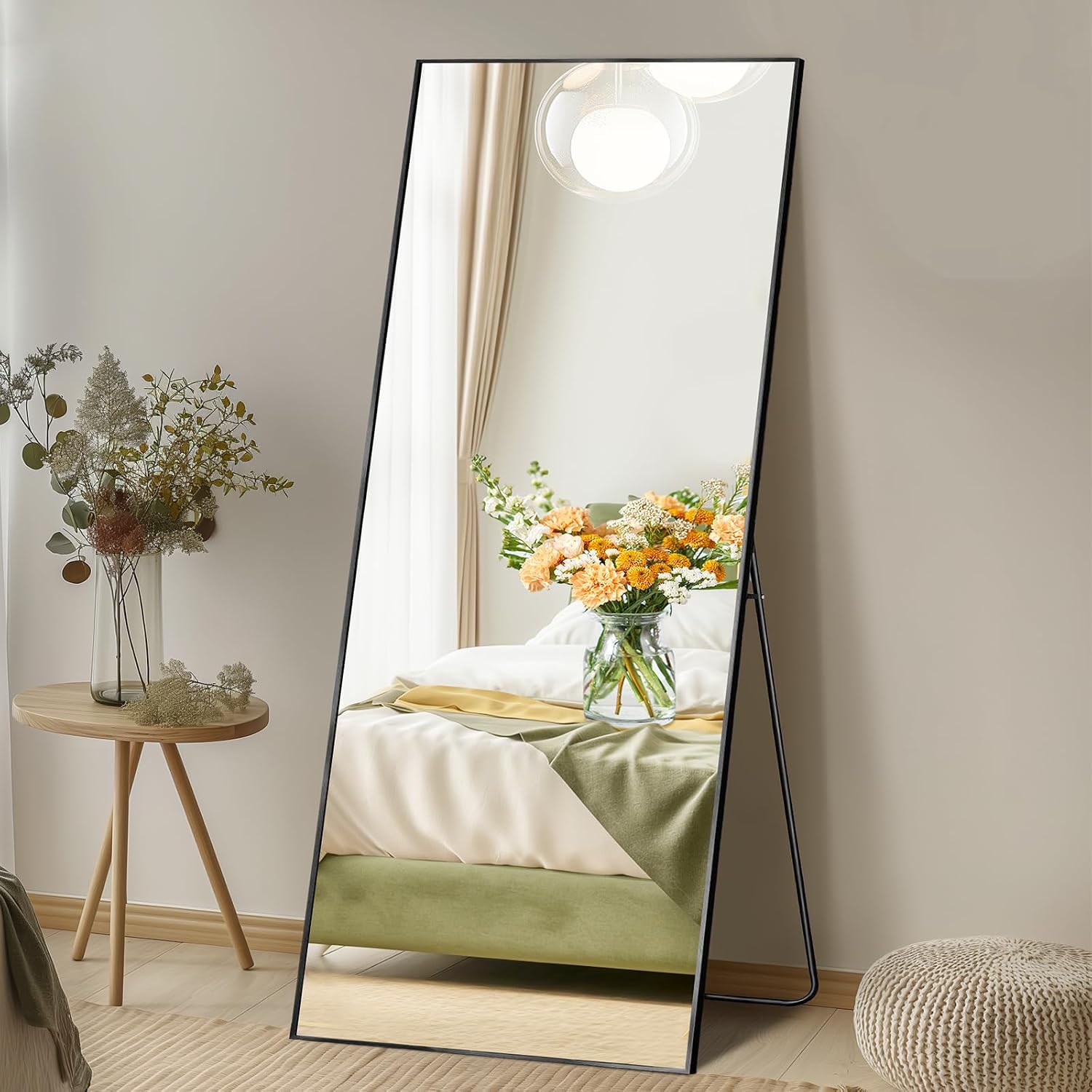 Dumos 64"X21" Full Length Mirror With Stand, Floor Standing Aluminum Frame, Shatterproof Nano Glass For Bedroom, Living Room, Cloakroom Modern Simple Home Decor, Can Be Hanging, Leaning Or Wall, Black