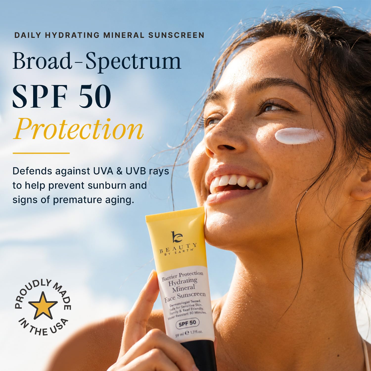 Mineral Sunscreen For Face Spf 50 – Broad Spectrum Zinc Oxide, Made In Usa With Natural & Organic Ingredients, Hydrating Daily Moisturizer For Sensitive Skin, No White Cast & No Chemicals