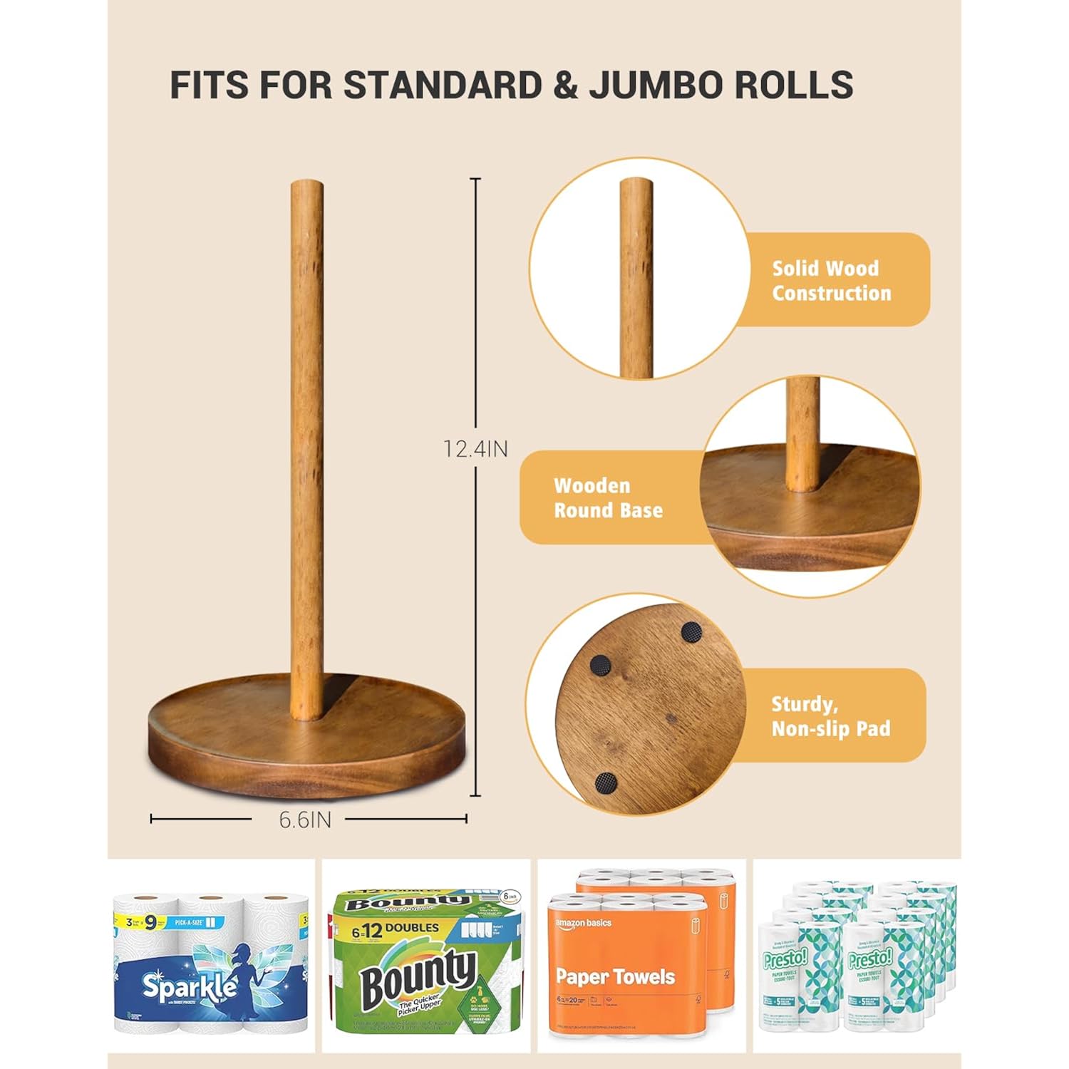 Paper Towel Holder Countertop, Wooden Standing Paper Towel Roll Stand For Rustic Farmhouse & Cottagecore Decor, Kitchen Bathroom Essential, Brown