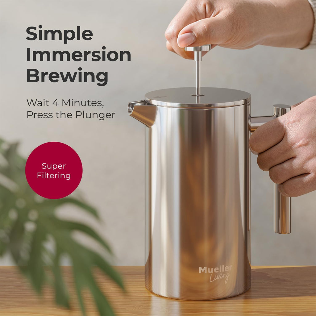 Muellerliving French Press Coffee Maker 34Oz, Stainless Steel French Press Coffee, 4 Filter Heat Resistant Double Insulated, Rust-Free, Food Grade, Dishwasher Safe Coffee Pot