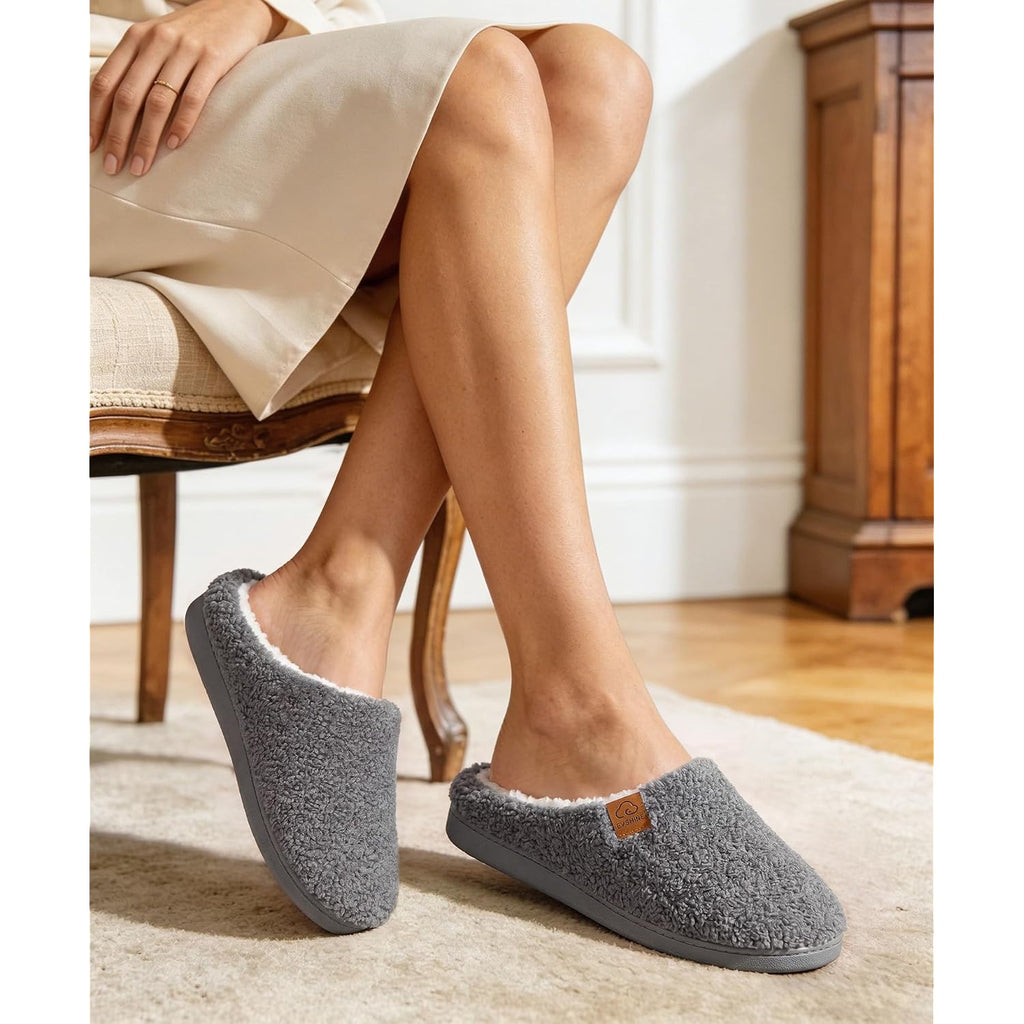 Evshine Memory Foam Fuzzy Slippers For Women Curly Fleece House Shoes Warm Indoor Outdoor Home Slip On