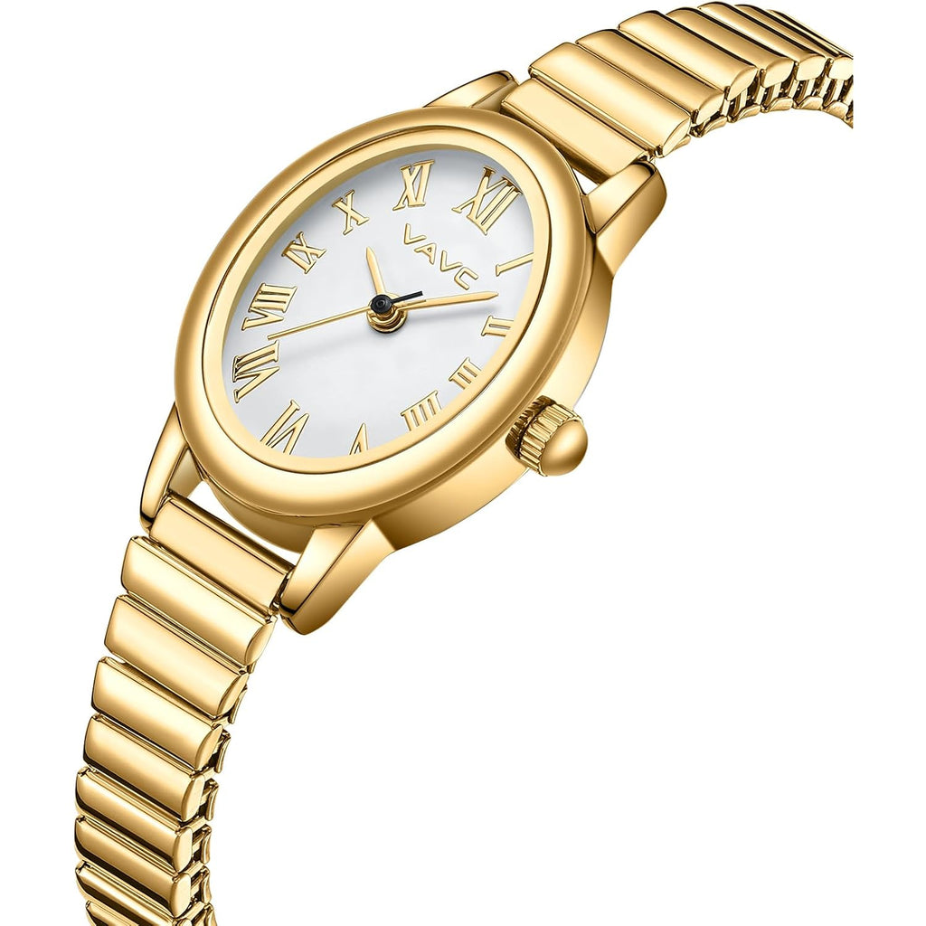 Small Gold Watches for Women,Analog Womens Watch with Stainless Steel Expansion Band,Oval Case Roman Dial,Water Resistant