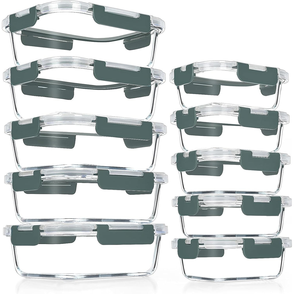 Verones 10 Pack Glass Meal Prep Containers, Airtight Glass Lunch Containers, Stackable Glass Food Storage Containers Set With Lids,Bpa-Free, For Microwave, Oven, Freezer & Dishwasher Friendly,Grey