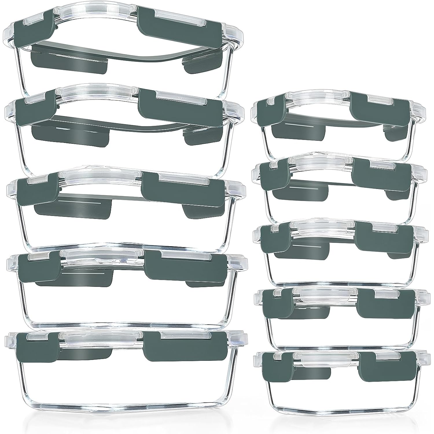 Verones 10 Pack Glass Meal Prep Containers, Airtight Glass Lunch Containers, Stackable Glass Food Storage Containers Set With Lids,Bpa-Free, For Microwave, Oven, Freezer & Dishwasher Friendly,Grey
