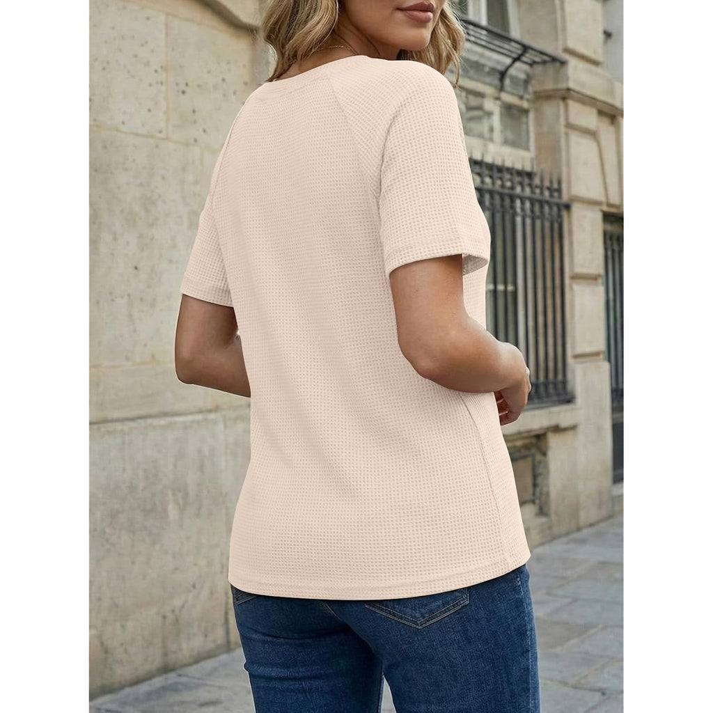 Automet Women'S Waffle Knit Henley Tops Short Sleeve Blouses Business Casual T-Shirts For Spring Summer Vacation 2026