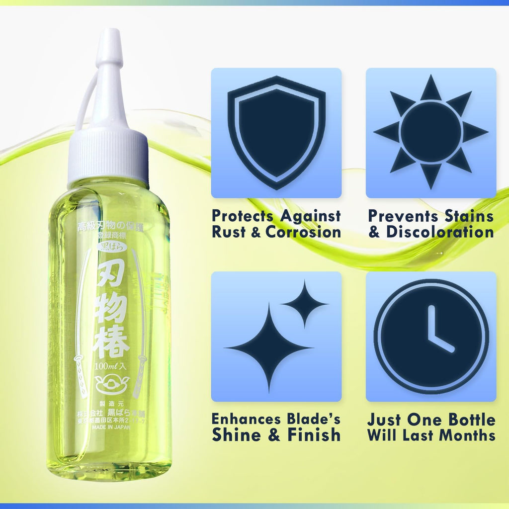 Yoshihiro 100% Pure Tsubaki Japanese Knife Maintenance Oil 3.4Oz(100Ml) With Complimentary Sabitori Rust Eraser And Microfiber Cloth