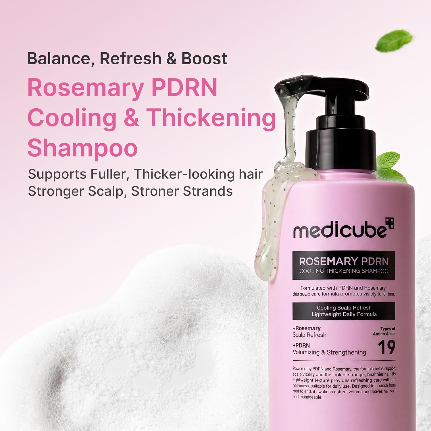 Medicube Rosemary Pdrn Clarifying Thickening Shampoo | Cooling, Clarifying Care For Thinning, Weak & Flaky Hair | Amino Acid Complex For Stronger, Thicker-Looking Hair | Korean Hair Care, 13.52 Fl.Oz