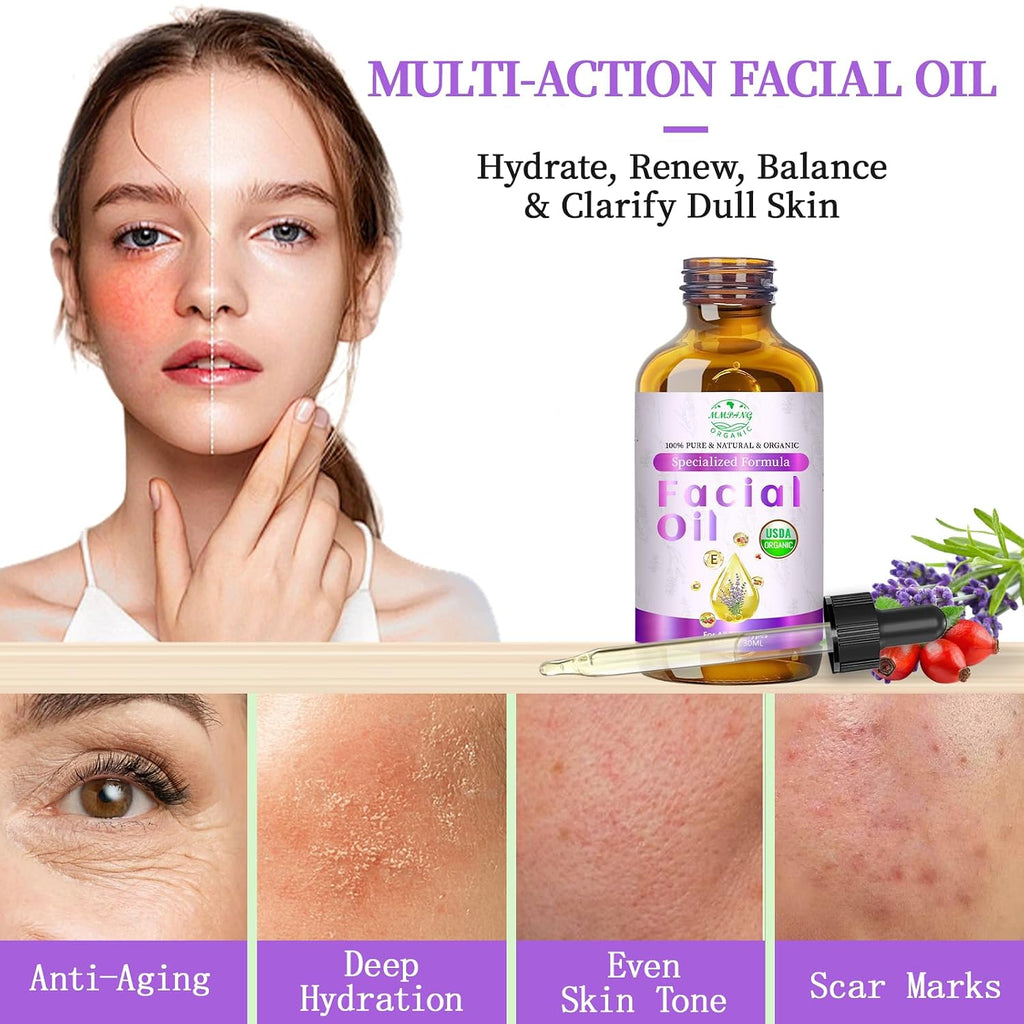 Organic Face Oil For Women, Facial Oil With Rosehip & Vitamin E For Skin | Usda Cold Pressed Face Oil With Frankincense, Pomegranate For Gua Sha Massage, Lightweight Feel For Moisturizing, Anti-Aging