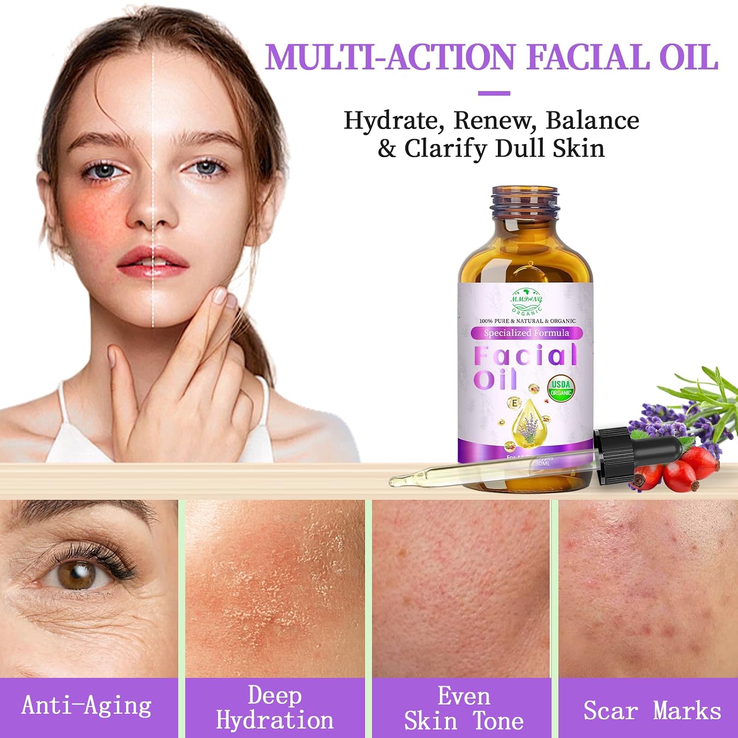 Organic Face Oil For Women, Facial Oil With Rosehip & Vitamin E For Skin | Usda Cold Pressed Face Oil With Frankincense, Pomegranate For Gua Sha Massage, Lightweight Feel For Moisturizing, Anti-Aging