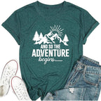 Women Mountain Shirts and So The Adventure Begins Tshirt Sunshine Moon Nature Pine Graphic Tees Heart Let's Go Find It Top Green