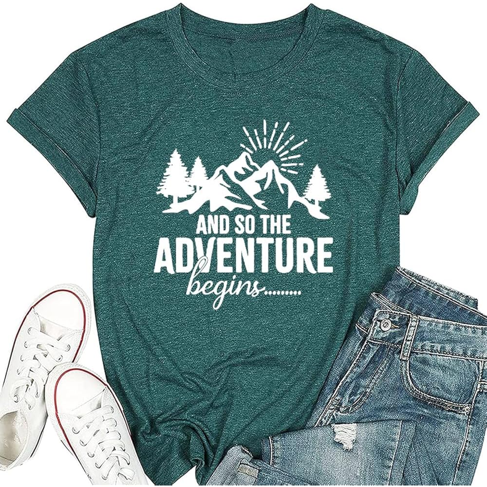 Women Mountain Shirts and So The Adventure Begins Tshirt Sunshine Moon Nature Pine Graphic Tees Heart Let's Go Find It Top Green