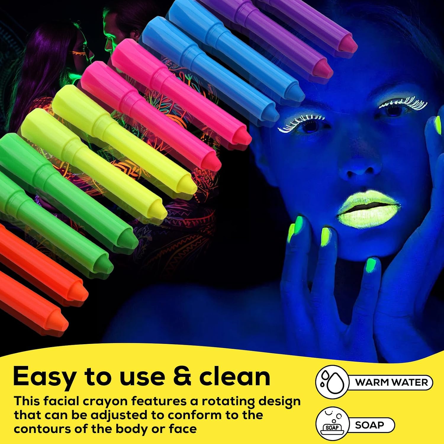 12 PCS Glow Face & Body Paint, Glow in the Blacklight Makeup Neon Face Paint for Halloween Birthday Party