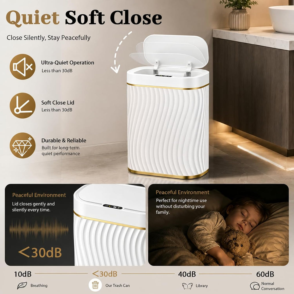 2.6 Gallon Automatic Bathroom Trash Can With Touchless Lid, White Gold | Motion Sensor Trash Can With Slim Waterproof Body; Small Plastic Garbage Can, Hands-Free Lid For Bedroom, Office, And Kitchen