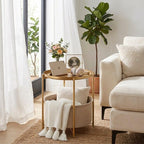 Gold Side Table With Basket, Small Round Table For Living Room | Metal Modern Nightstand For Small Space, Bedroom, Nursery, Accent Metal Stand With Removable Serving Tray, 20.47 In Tall
