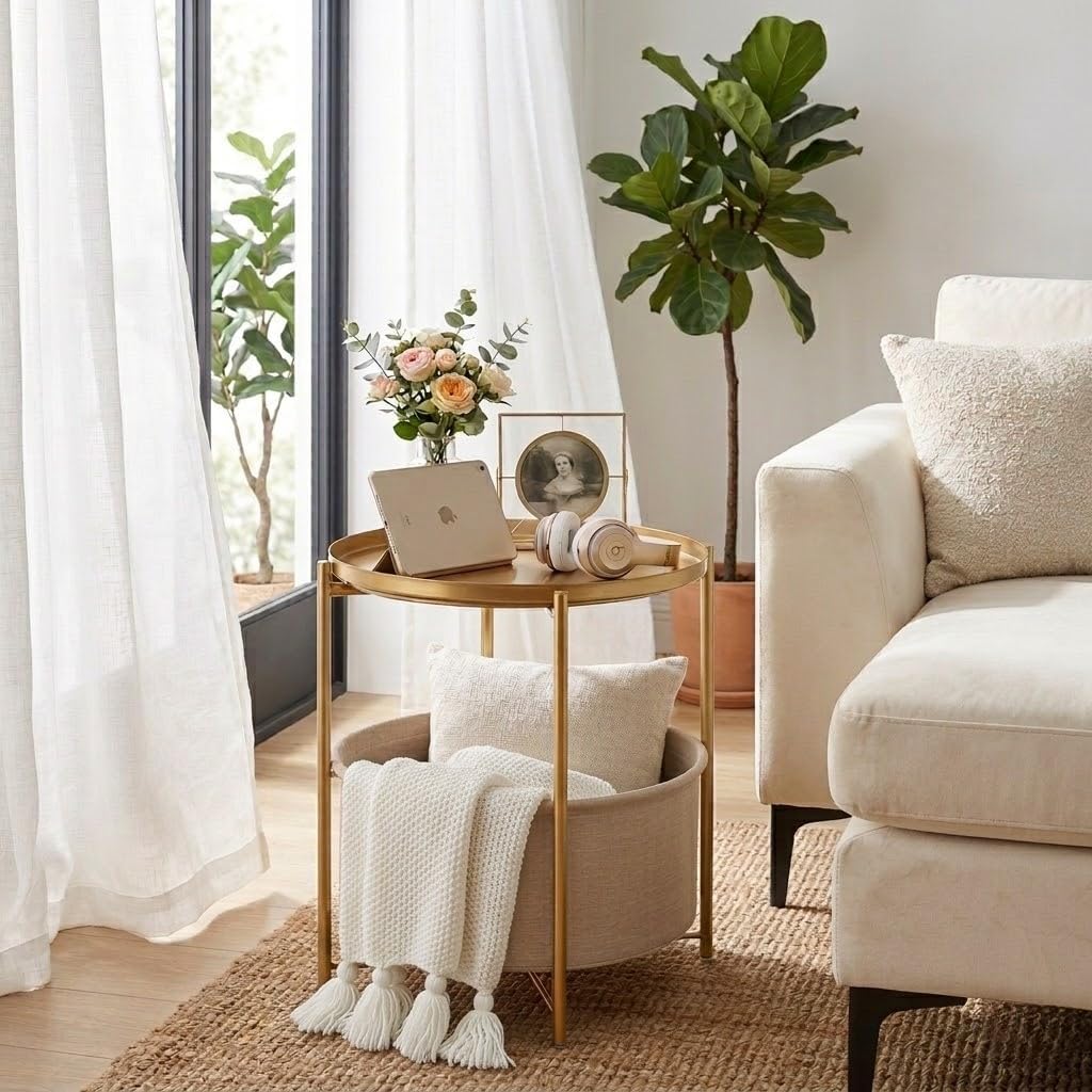 Gold Side Table With Basket, Small Round Table For Living Room | Metal Modern Nightstand For Small Space, Bedroom, Nursery, Accent Metal Stand With Removable Serving Tray, 20.47 In Tall