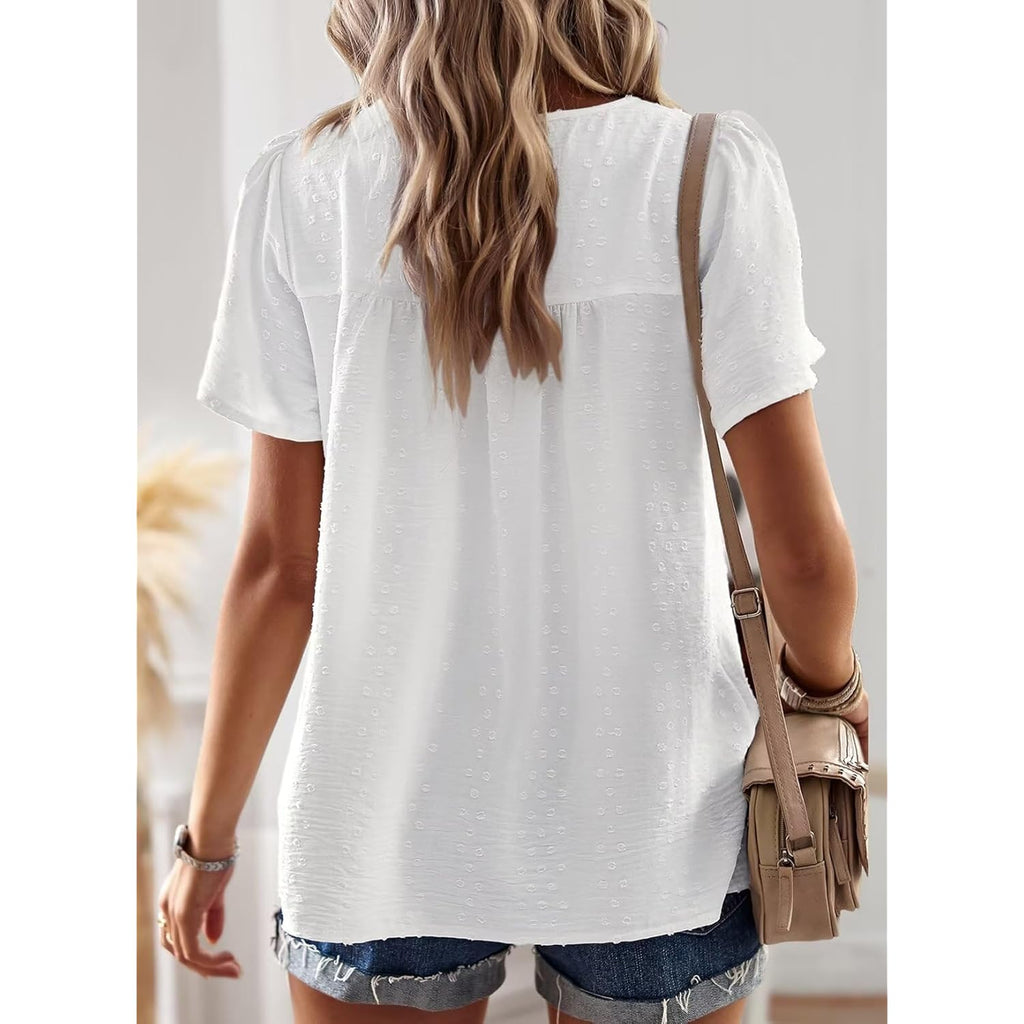 Womens Summer Tops Crewneck Short Sleeve Shirts Casual Chiffon Blouses Flowy Lace Hem Boho Clothing Trendy 2026