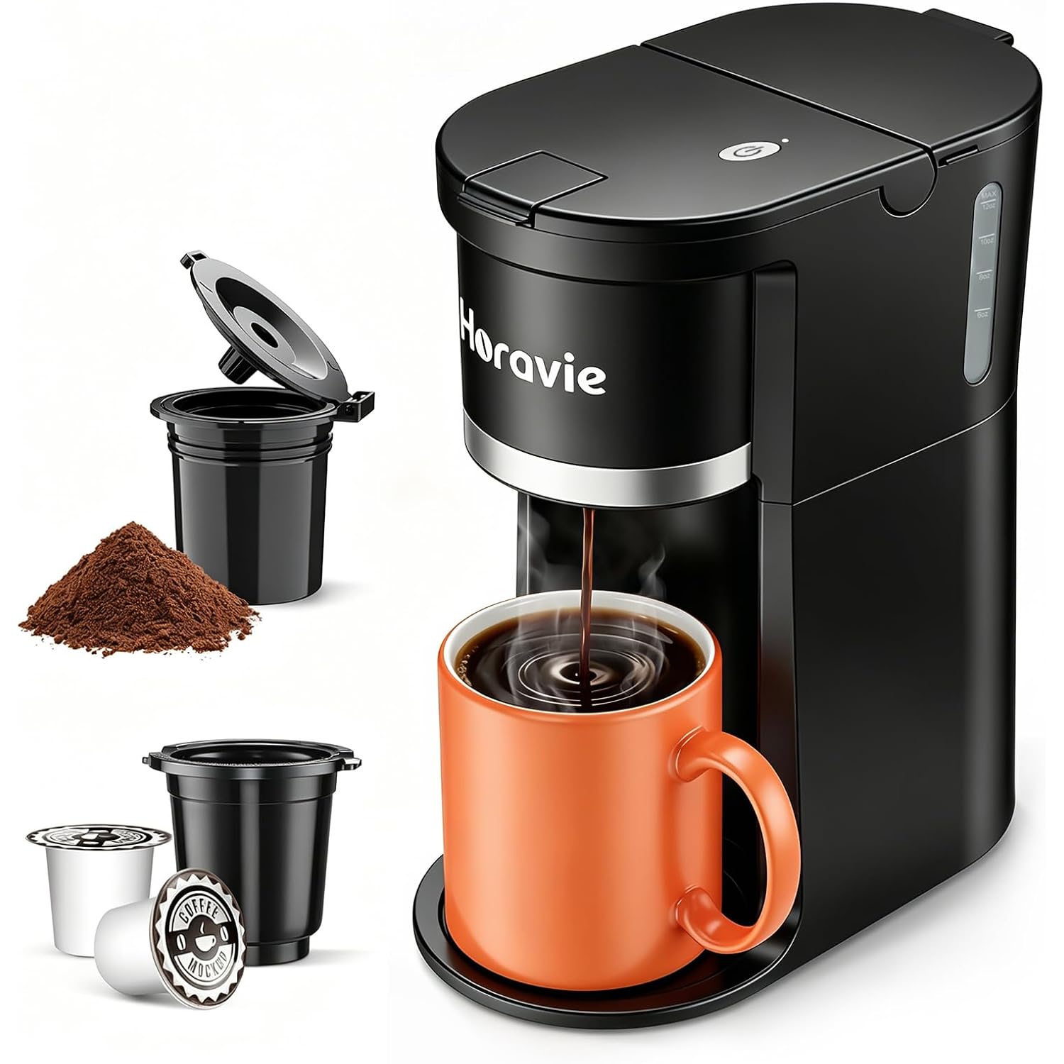 Horavie Small Single Serve Coffee Maker, Fast Brew One Cup Coffee Machine For K Cup And Grounds, 6 To 12 Oz. Brew Sizes, Pod Coffee Maker With Descaling Reminder And Viewing Tank, Black