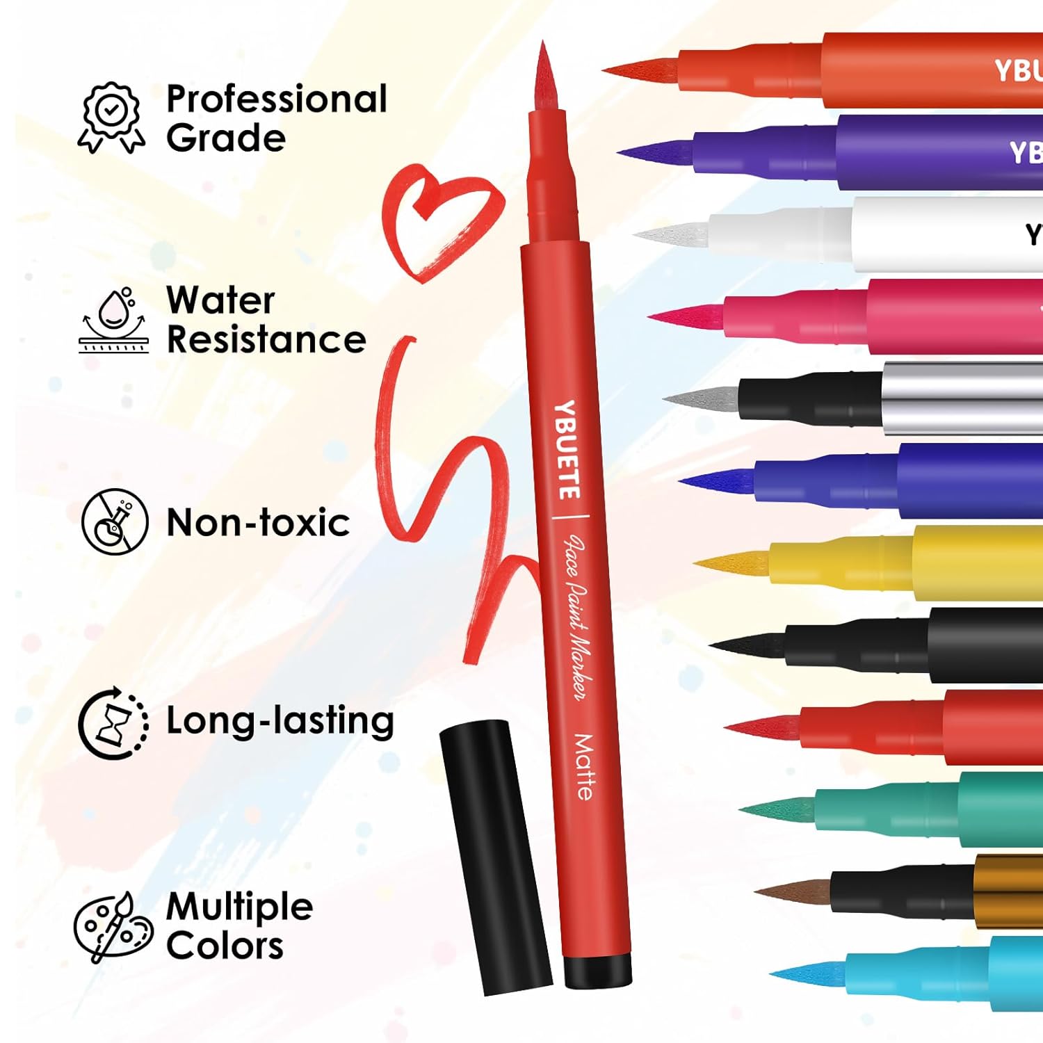 YBUETE 12 Colors Face Body Painting Markers, Water Resistance Tattoo Pen for Adults, Long-lasting and Smudge-proof Temporary Tattoo Markers for Mardi Gras Parties, SFX & Festivals