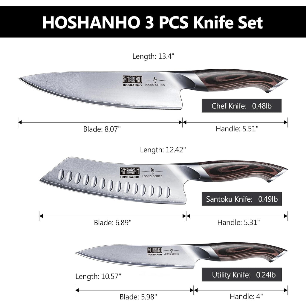 HOSHANHO 3 Pieces Knife Set, Professional Japanese High Carbon Stainless Steel Kitchen Knife Set, Ultra Sharp Chef Knives Sets with Ergonomic Pakkawood Handle