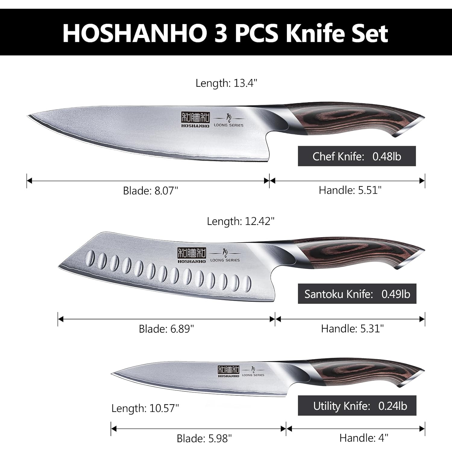 HOSHANHO 3 Pieces Knife Set, Professional Japanese High Carbon Stainless Steel Kitchen Knife Set, Ultra Sharp Chef Knives Sets with Ergonomic Pakkawood Handle