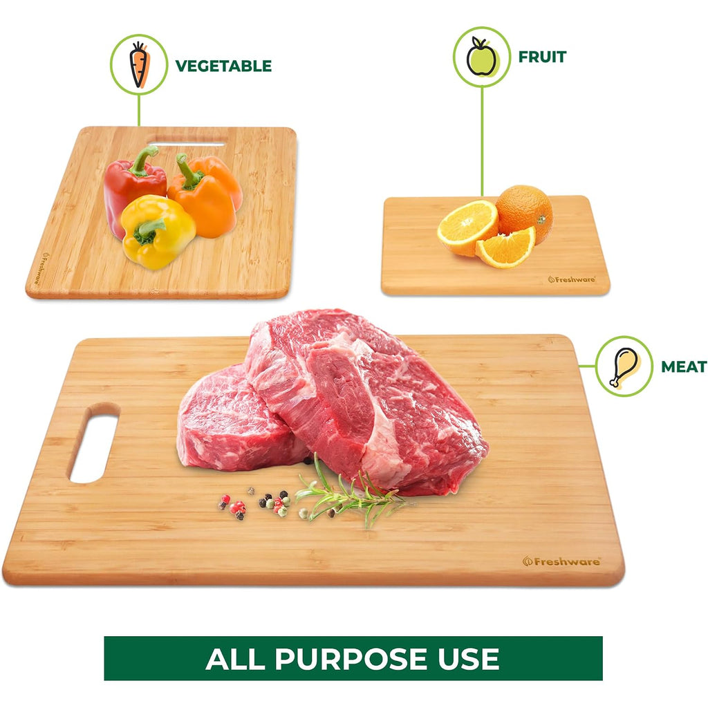 Freshware Bamboo Cutting Board Set Of 3, Wooden Cutting Boards For Kitchen, Knife Friendly Food Grade Chopping Board, Lightweight With Hanging Hole For Easy Storage