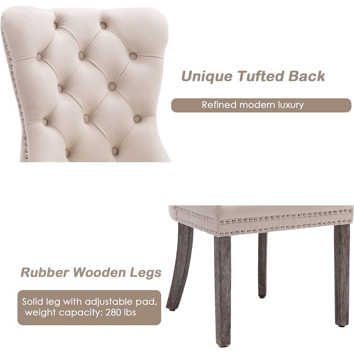 Velvet Dining Chairs Set Of 4, Upholstered High-End Tufted Dining Room Chair With Nailhead Back Ring Pull Trim Solid Wood Legs, Nikki Collection Modern Style For Kitchen, Beige