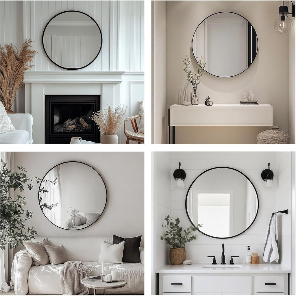 Oruii Round Mirror, Black Round Mirror 24 inch, Circle Wall Mirrors Metal Frame, Black Circular Mirrors for Bathroom, Wall, Living Room, Entryway, Hallway, Vanity, Rustic