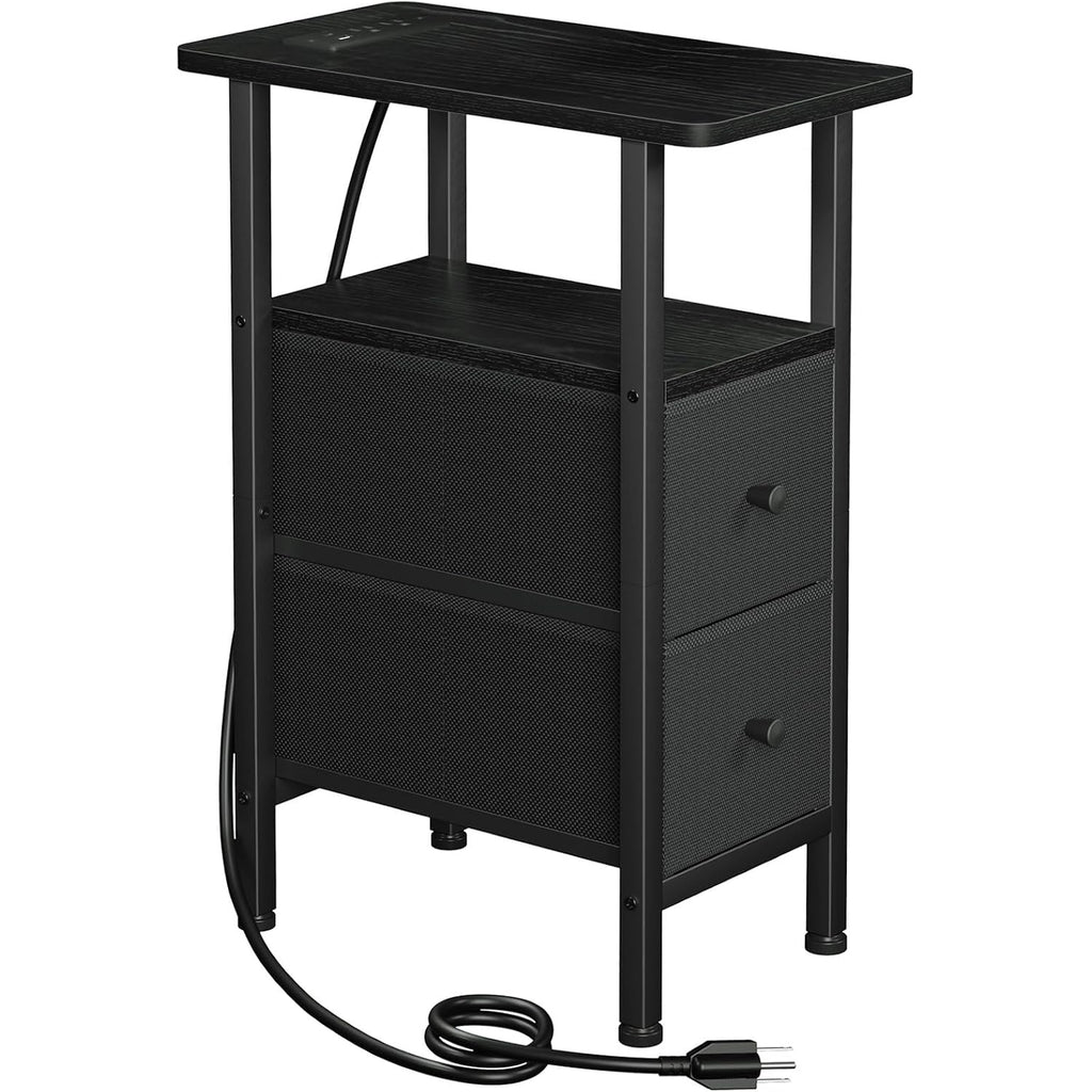 Narrow End Table Living Room With Charging Station, Skinny Side Table With Fabric Drawers, Slim Nightstand For Bedroom, Small Spaces, Couch, Black, Hetndp02Bk-1