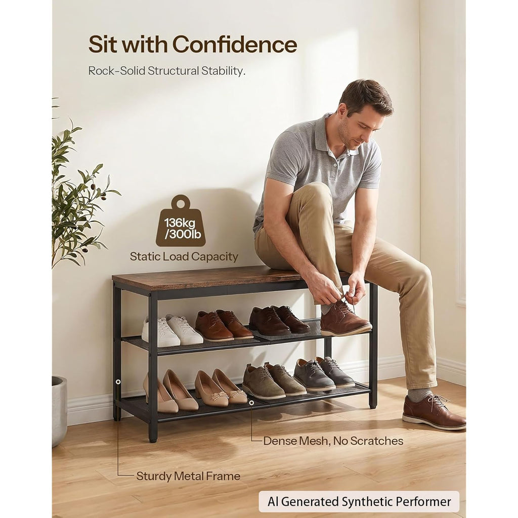 Hoobro Shoe Bench, 3-Tier Shoe Rack, Industrial Shoe Organizer Storage Bench, 29.5 Inches Entry Bench With Mesh Shelves, For Entryway, Living Room, Hallway, Easy Assembly, Rustic Brown Bf75Hx01