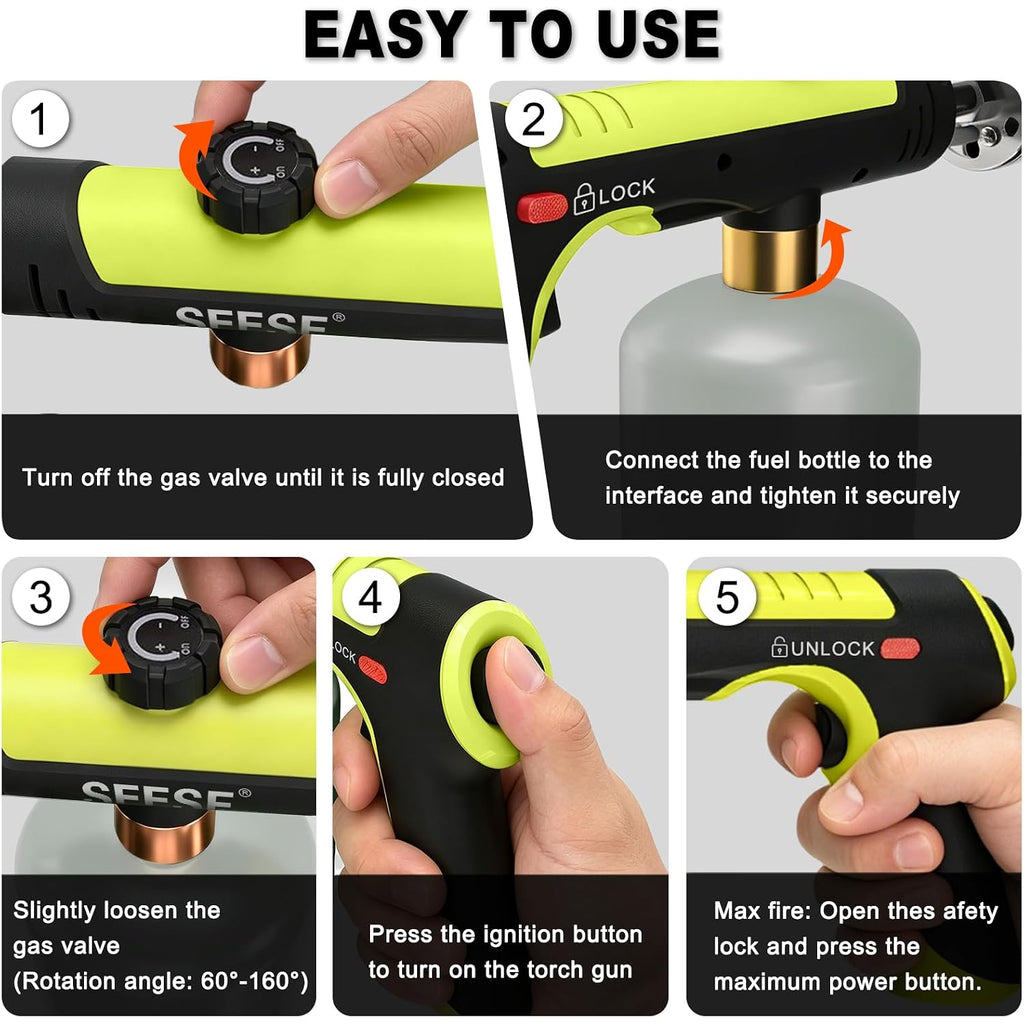 Powerful Propane Torch Gun,Kitchen Cooking Torch With One-Touch Max Fire, Charcoal Lighter With A Safety Lock, Adjustable Blow Torch For Sous Vide, Bbq, Campfire, Fireplace(Tank Not Included)