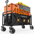 300L Large Collapsible Wagons Carts With Big All-Terrain Beach Wheels, Foldable Shopping Wagon Cart, Heavy Duty 480Lbs Load, Folding Utility Cart For Groceries Garden Sport (Black)