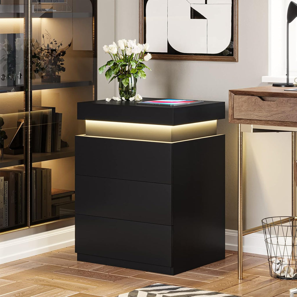Adorneve Black Nightstand With Charging Station And Led Lights | Modern Night Stand With Sliding Top,Bedside Table With Drawers,Bed Side Tables Bedroom