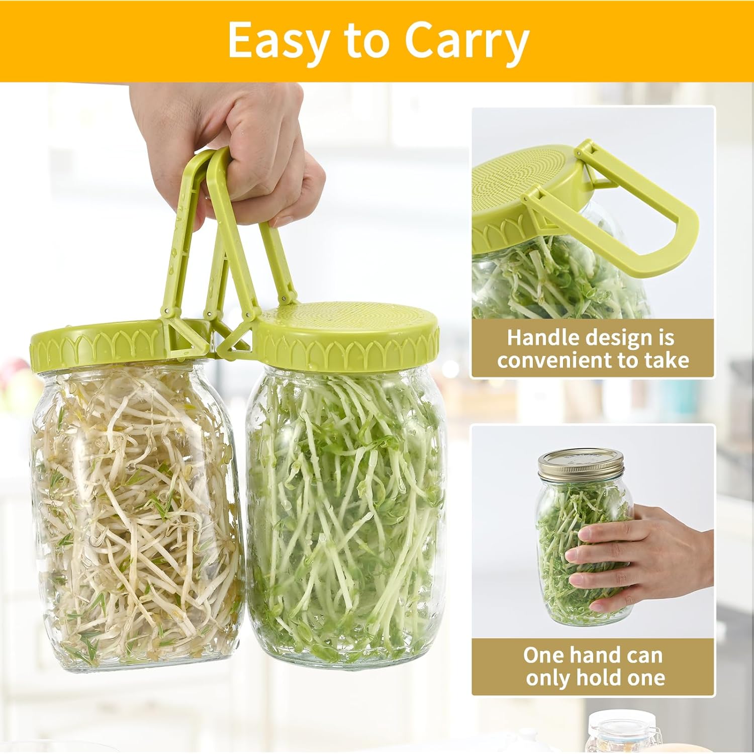 Happyiren Sprouting Kit for Wide Mouth Mason Jars, 2-Pack BPA-Free One-Piece Sprouting Lids with Built-In Stand, Seed Germination Jar Sprouter Lid, Fits Wide Mouth Jars (3.38"/86mm)