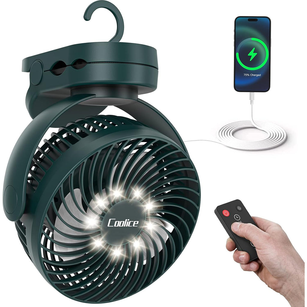 Camping Fan With Remote Control - 12000Mah Rechargeable Battery Powered Fan, Camping Fans For Tents With Led Light & Hanging Hook, Rechargeable Battery Operated Ceiling Fans For Tent Rv Bed, Green