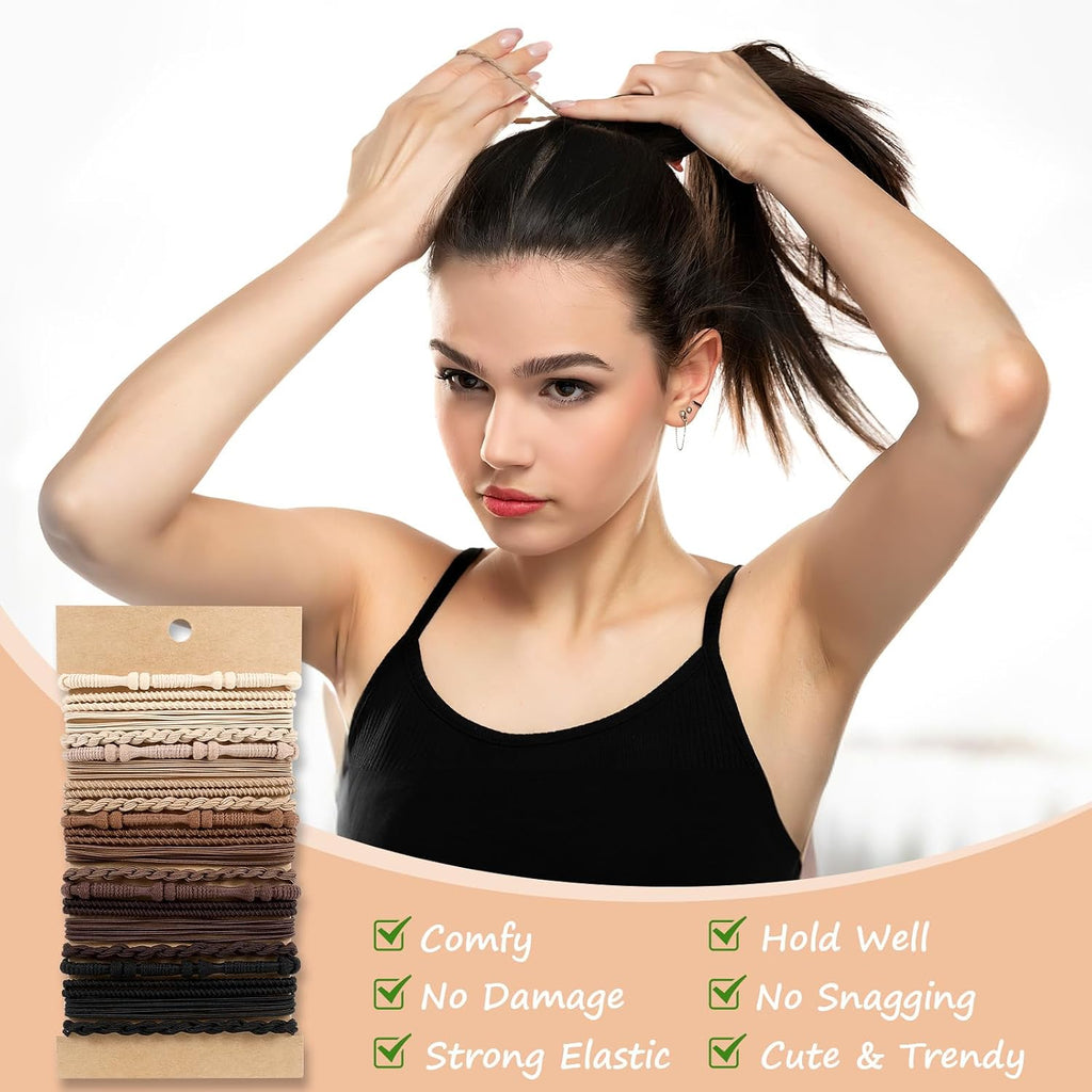 Ohcisp Boho Hair Ties, 20 Pcs Of 4 Styles Cute Bands For Thick Or Thin Hair, No Damage Elastic Bracelets, Brown Hair Accessories For Girls And Women